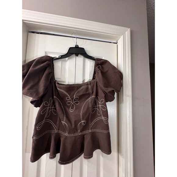 GB Tops - GB Brown Puff Sleeve Peplum Top Contrast Stitch Western Smocked XXL NWT